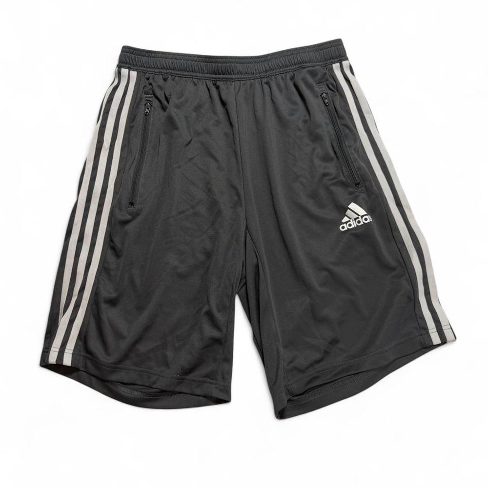 Adidas Blokecore Charcoal Grey White 3 Stripe Secure Zip Pocket Gym Shorts